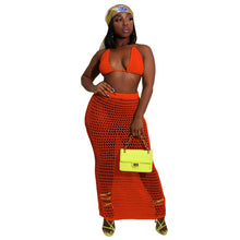 Load image into Gallery viewer, 2020 Summer Fishnet Knitted Two Piece Set Skirt Women Sexy Hollow Out Night Club Suits Bra Top+ Long Skirt Casual Beach Outfits