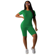 Load image into Gallery viewer, Two-piece Solid Color Women's Clothing. Short-sleeved Crew Neck T-shirt and Tight-fitting Shorts. Simple Style Tracksuit Outfit