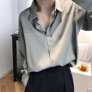 Satin Chiffon Shirts Women 2020 Spring Design Light Mature Pure Color Satin Tops Loose Turn-down Collar Shirt Cardigan