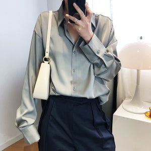 Satin Chiffon Shirts Women 2020 Spring Design Light Mature Pure Color Satin Tops Loose Turn-down Collar Shirt Cardigan