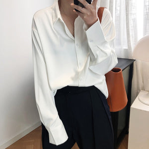 Satin Chiffon Shirts Women 2020 Spring Design Light Mature Pure Color Satin Tops Loose Turn-down Collar Shirt Cardigan