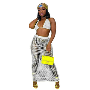 2020 Summer Fishnet Knitted Two Piece Set Skirt Women Sexy Hollow Out Night Club Suits Bra Top+ Long Skirt Casual Beach Outfits