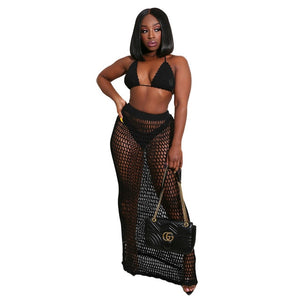 2020 Summer Fishnet Knitted Two Piece Set Skirt Women Sexy Hollow Out Night Club Suits Bra Top+ Long Skirt Casual Beach Outfits