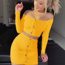 Load image into Gallery viewer, 2019 Sexy Off Shoulder Two Piece Set Solid Button Bodycon 2 Piece Set Women Long Sleeve Top And Skirt Summer Autumn Sets
