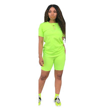 Load image into Gallery viewer, Two-piece Solid Color Women's Clothing. Short-sleeved Crew Neck T-shirt and Tight-fitting Shorts. Simple Style Tracksuit Outfit
