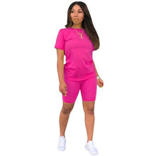 Load image into Gallery viewer, Two-piece Solid Color Women's Clothing. Short-sleeved Crew Neck T-shirt and Tight-fitting Shorts. Simple Style Tracksuit Outfit
