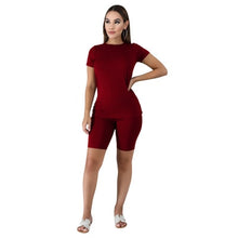 Load image into Gallery viewer, Two-piece Solid Color Women's Clothing. Short-sleeved Crew Neck T-shirt and Tight-fitting Shorts. Simple Style Tracksuit Outfit
