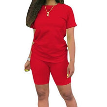 Load image into Gallery viewer, Two-piece Solid Color Women's Clothing. Short-sleeved Crew Neck T-shirt and Tight-fitting Shorts. Simple Style Tracksuit Outfit
