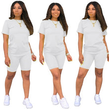 Load image into Gallery viewer, Two-piece Solid Color Women's Clothing. Short-sleeved Crew Neck T-shirt and Tight-fitting Shorts. Simple Style Tracksuit Outfit
