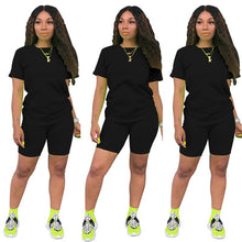 Load image into Gallery viewer, Two-piece Solid Color Women's Clothing. Short-sleeved Crew Neck T-shirt and Tight-fitting Shorts. Simple Style Tracksuit Outfit
