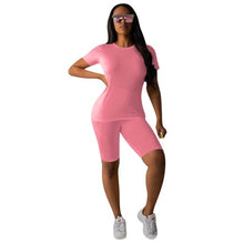 Load image into Gallery viewer, Two-piece Solid Color Women's Clothing. Short-sleeved Crew Neck T-shirt and Tight-fitting Shorts. Simple Style Tracksuit Outfit
